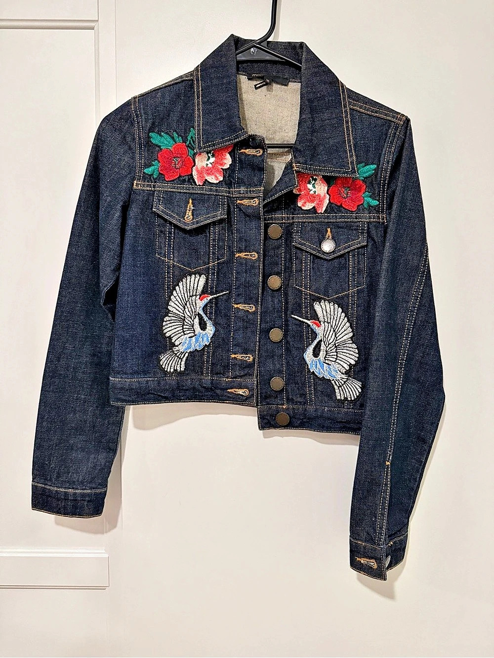 maje Embroidered Denim Jacket in Blue Size 36